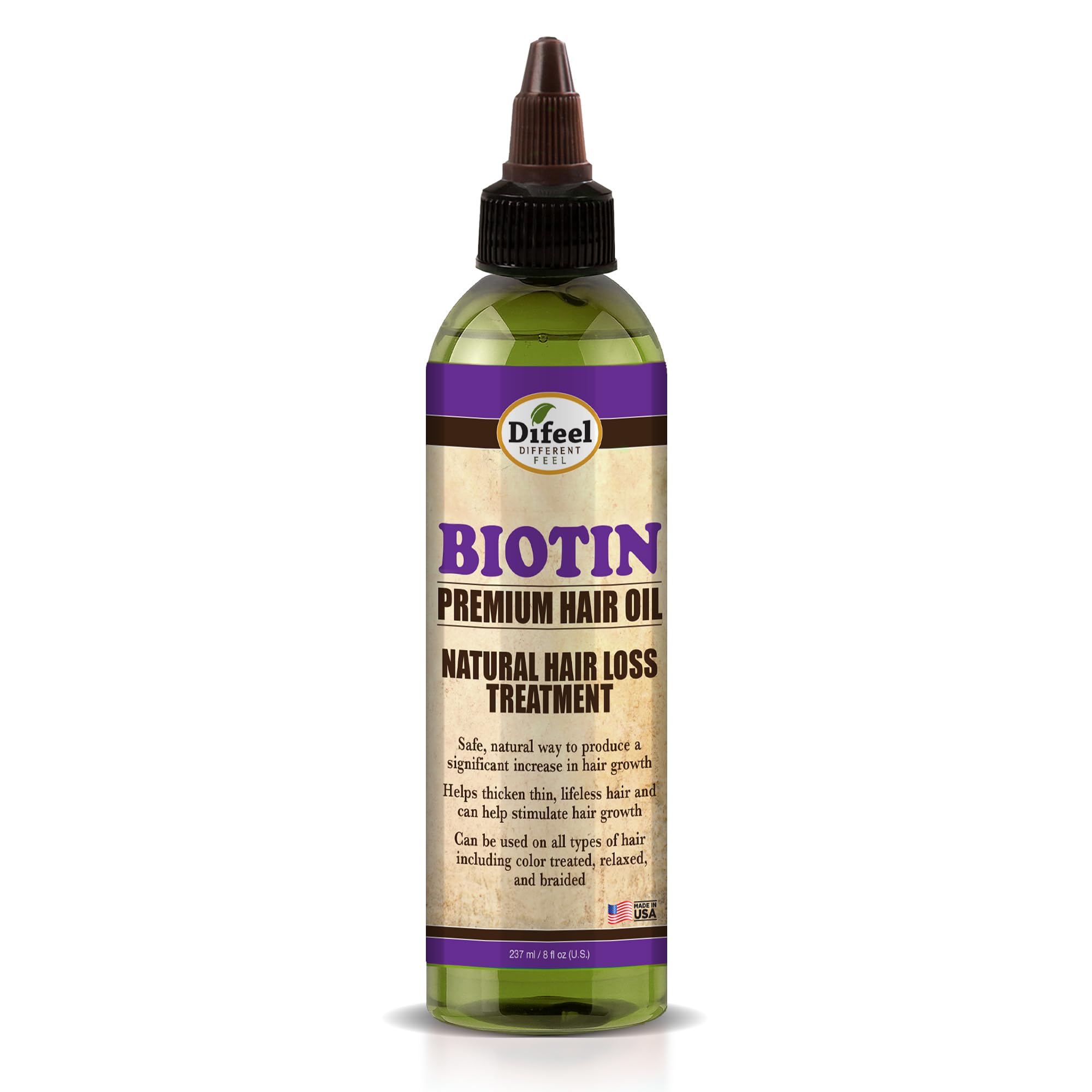 Difeel Biotin Hair Oil bottle with 8-ounce packaging for healthier-looking hair.