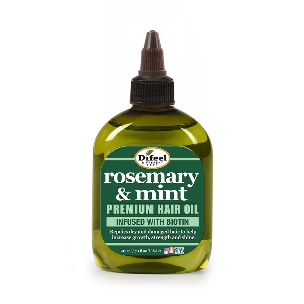 Difeel Rosemary and Mint hair oil bottle delivers nourishing shine for hair.