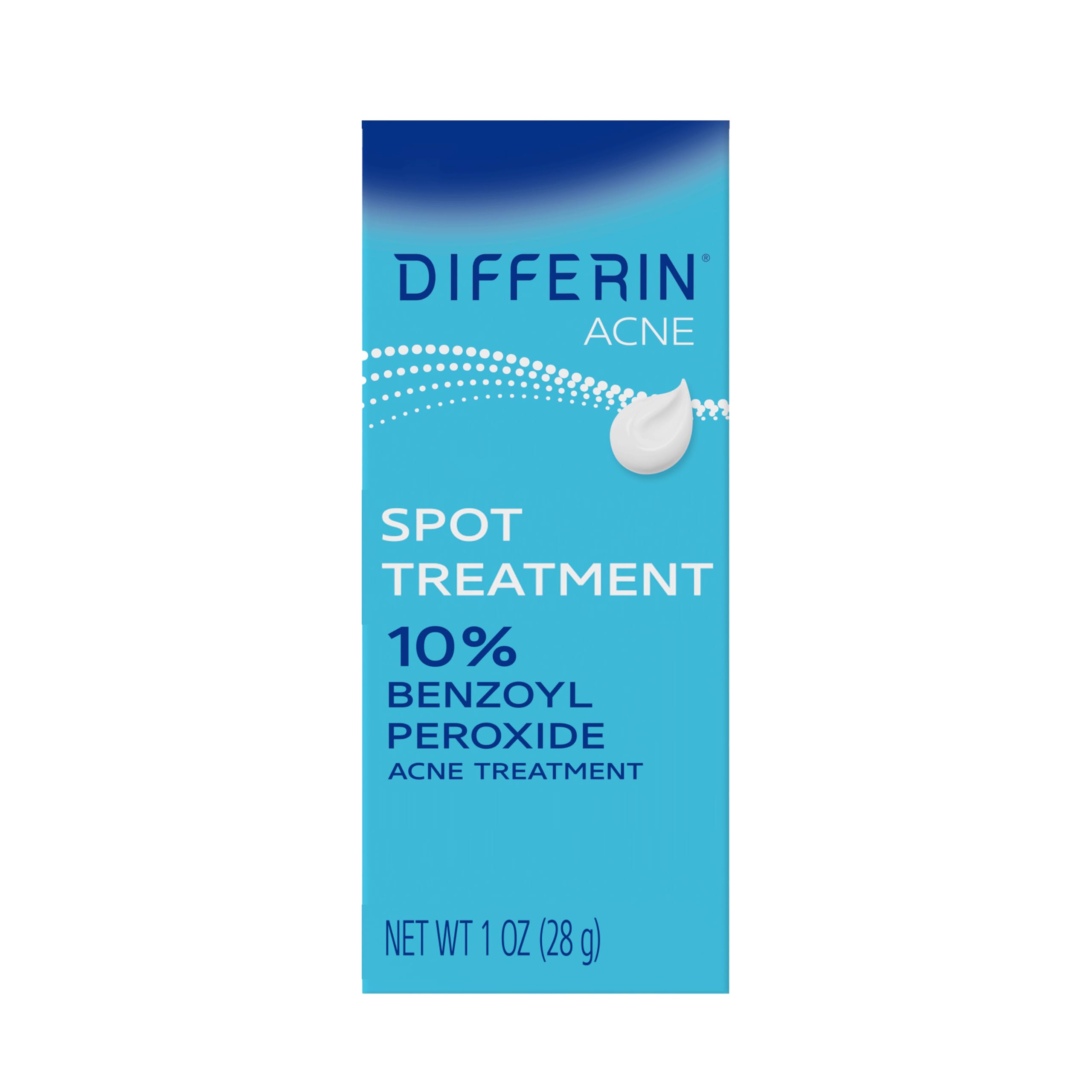 Differin acne spot-treatment tube front targets pimples with 10% benzoyl peroxide.