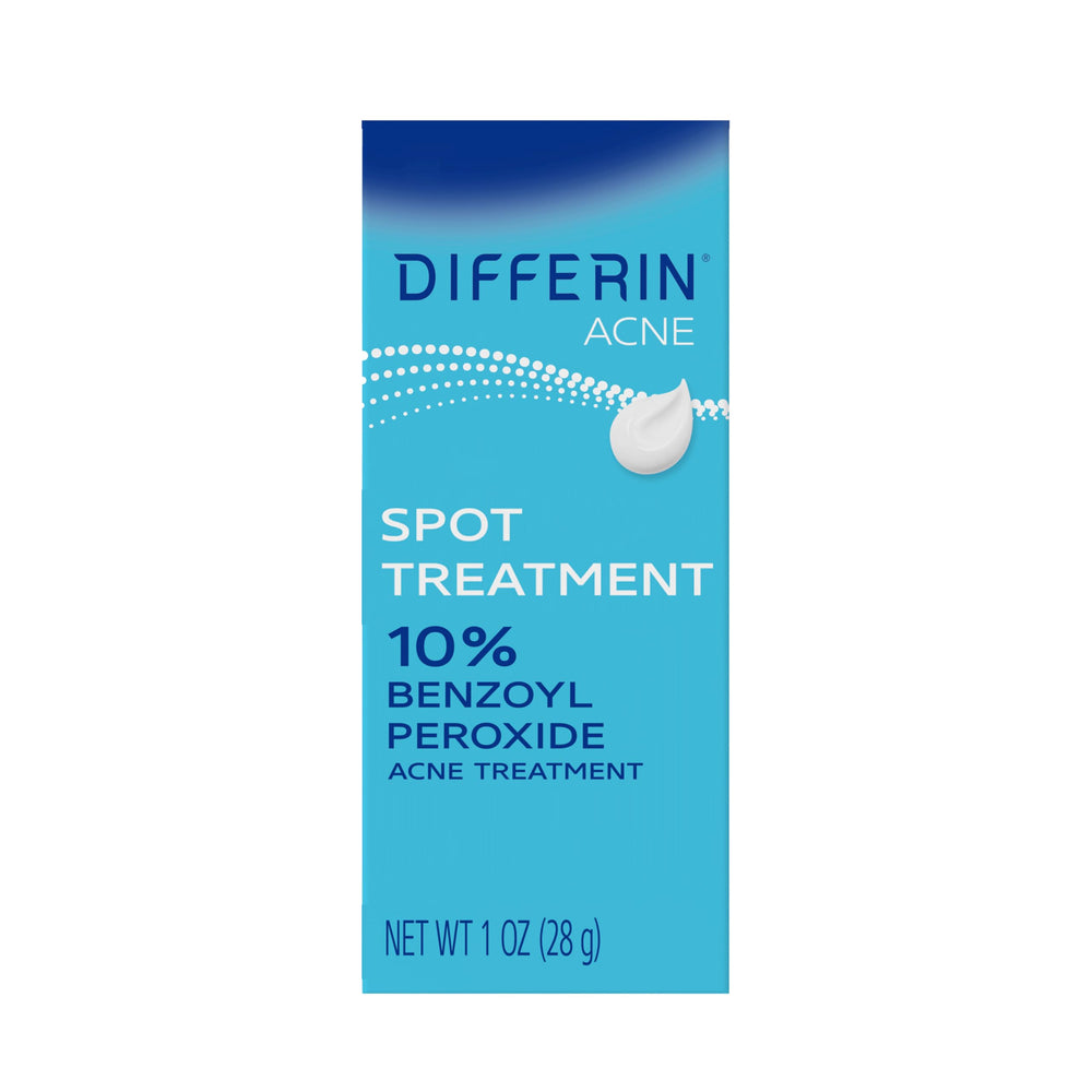 Differin acne spot-treatment tube front targets pimples with 10% benzoyl peroxide.