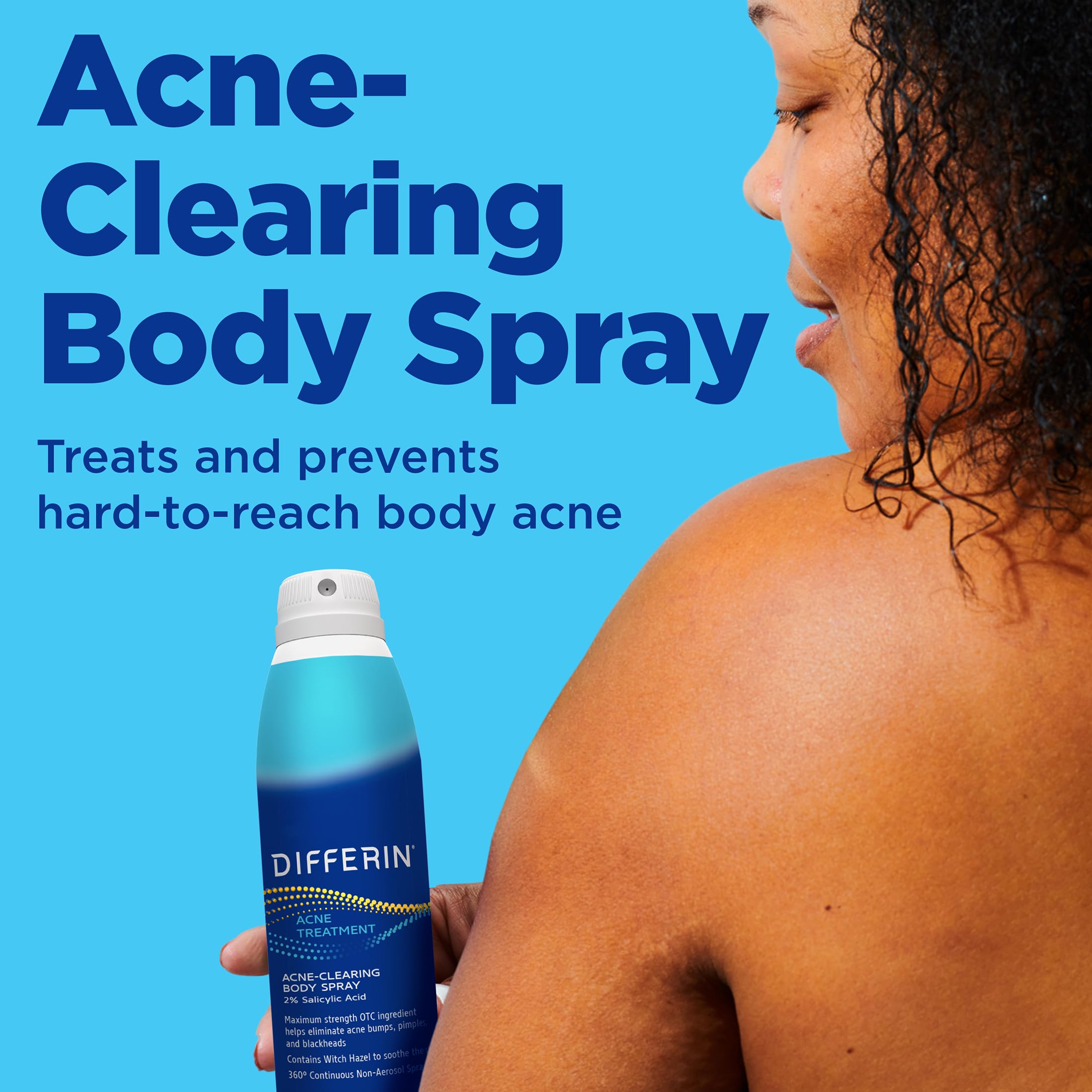Differin Body Spray on chest area delivering 2% salicylic acid to treat blemishes.