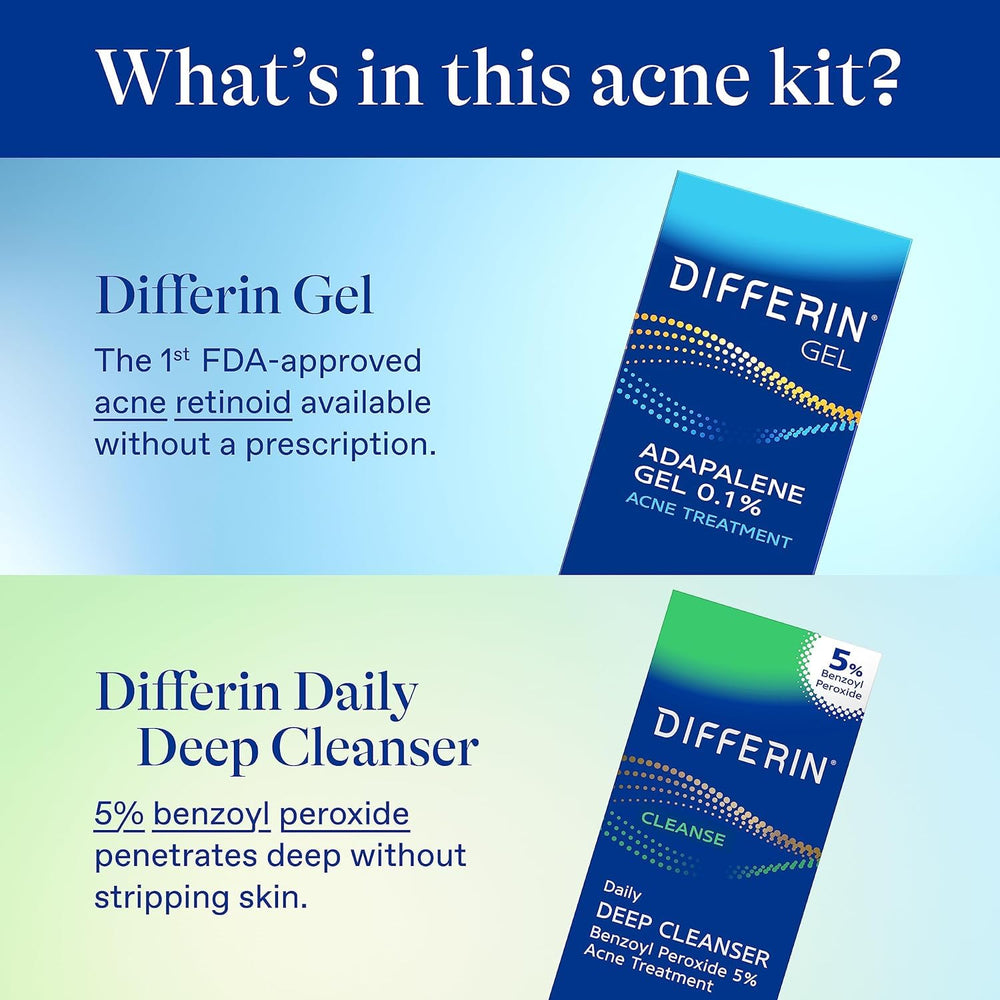 Differin daily deep cleanser bottle close-up highlighting 5% benzoyl peroxide cleansing