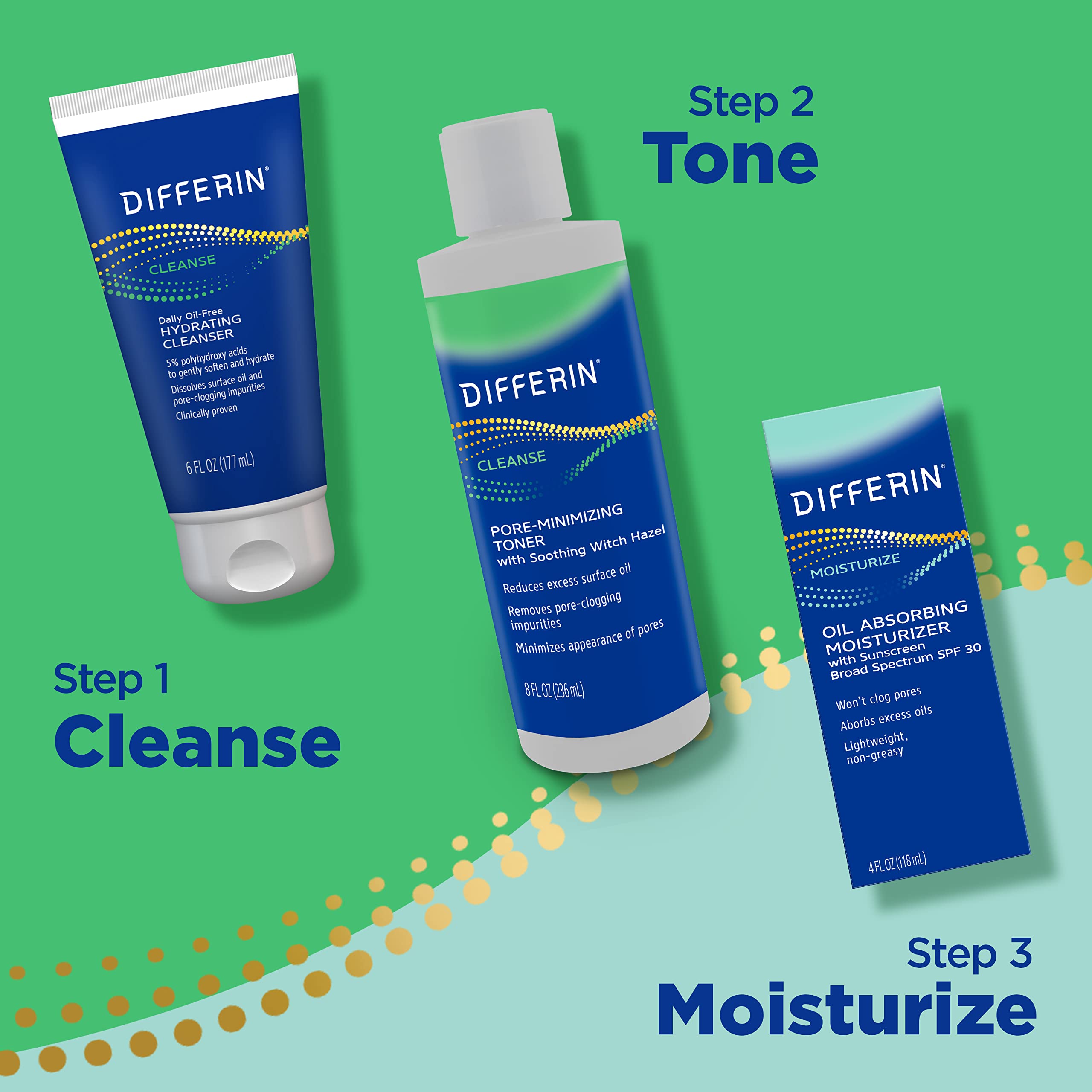 Differin daily oil-free cleanser pour action illustrates quick removal of surface oil