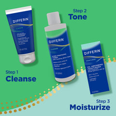 Differin daily oil-free cleanser pour action illustrates quick removal of surface oil