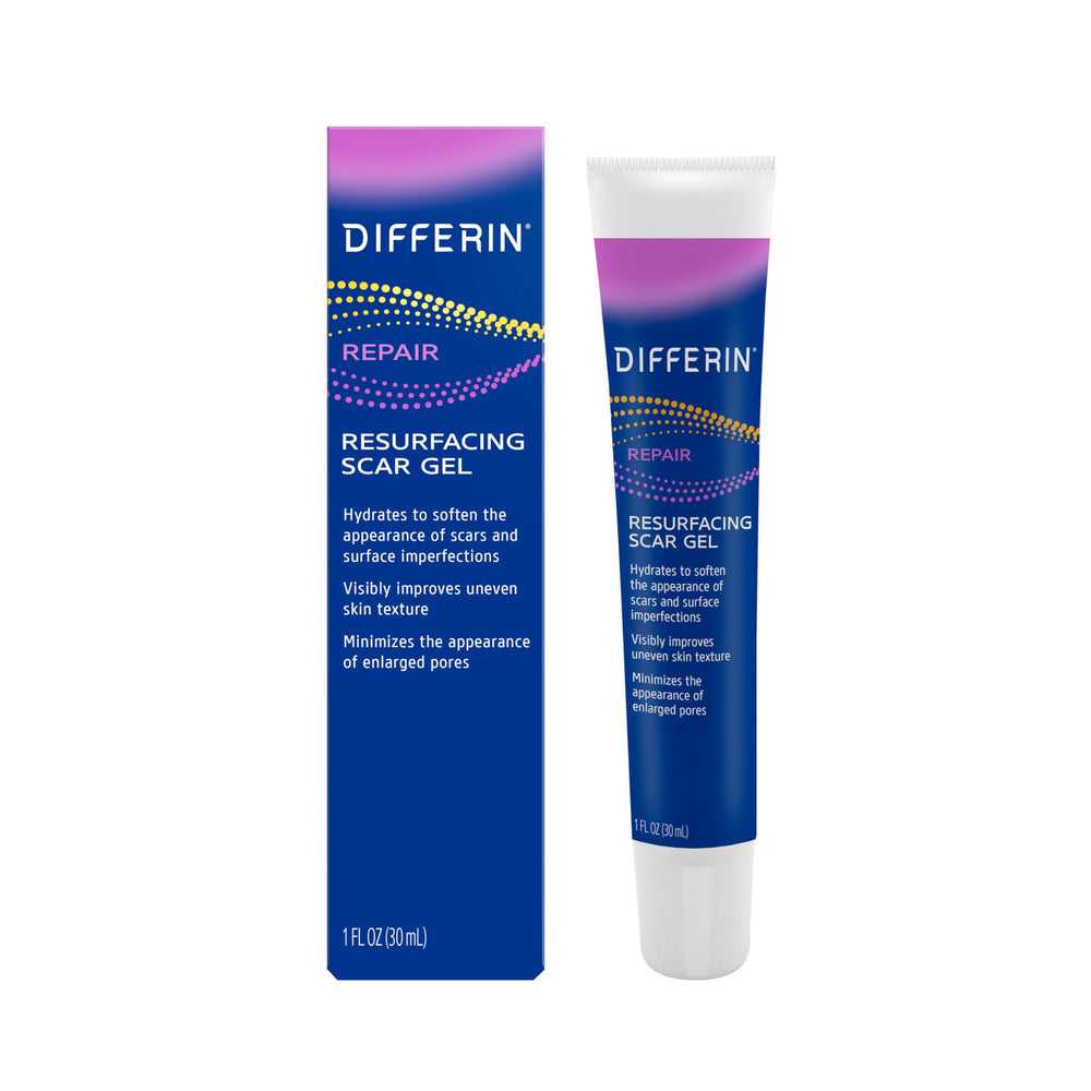 Differin Resurfacing Scar Gel bottle shown for daily scar care