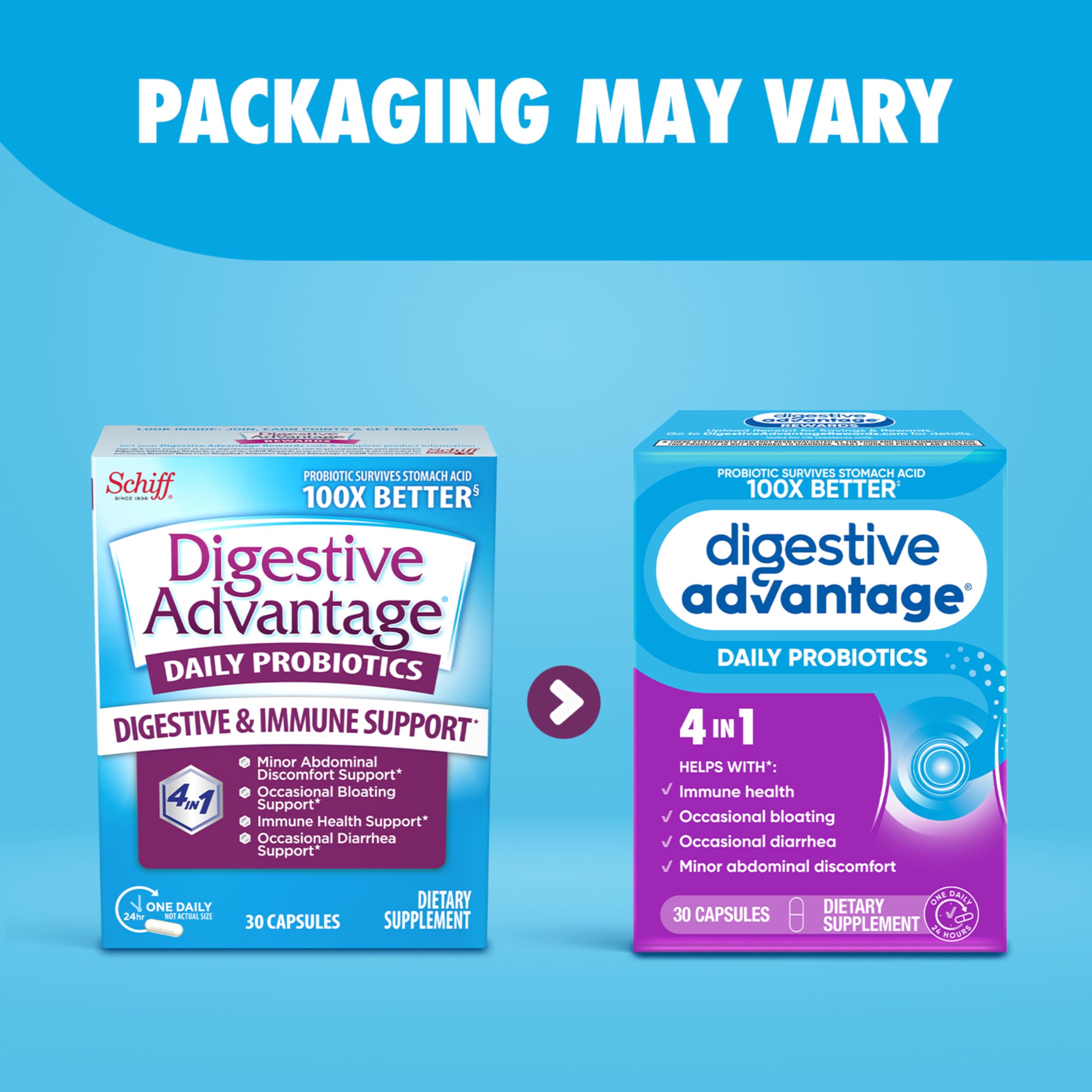 Digestive Advantage bc30 capsule closeup shows patented probiotic design