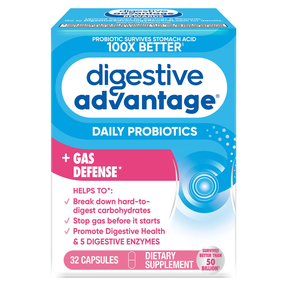 Digestive Advantage bottle of 32 capsules signaling gut support and digestion benefits.