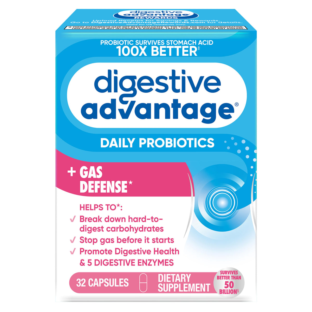 Digestive Advantage bottle of 32 capsules signaling gut support and digestion benefits.
