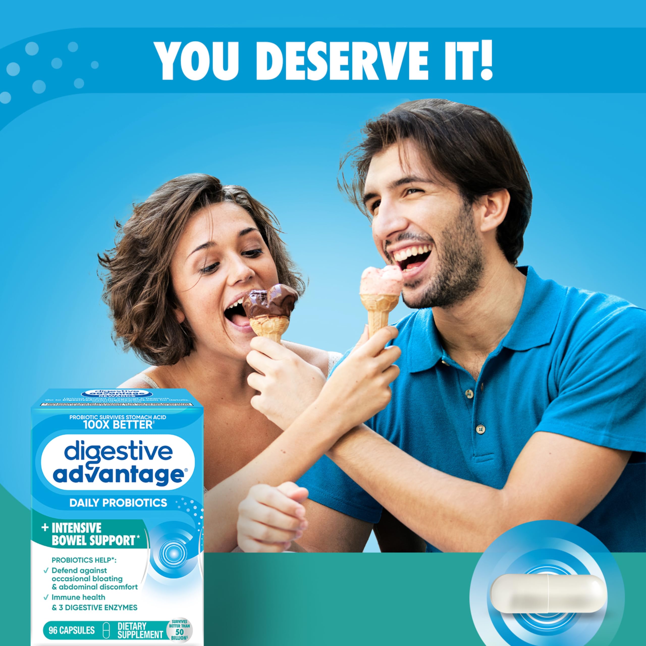 Digestive Advantage bottle cap and label emphasizing 1 billion CFUs