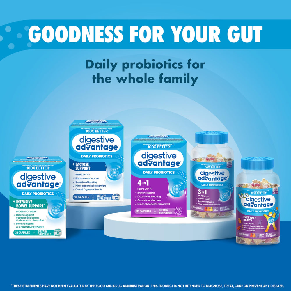 Digestive Advantage bottle with glass demonstrates easy daily intake for ongoing support