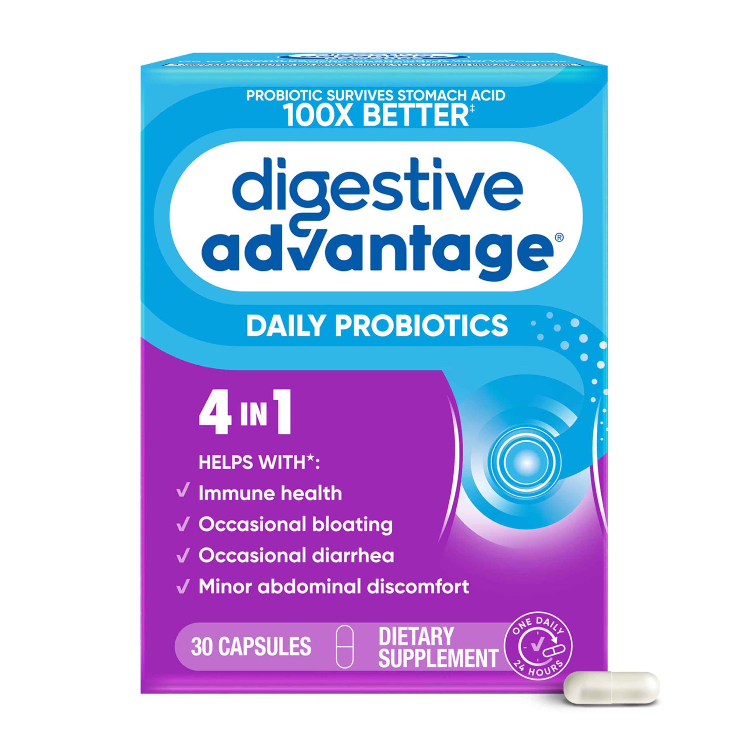Digestive Advantage Daily Probiotic bottle on a kitchen counter suggests easy daily gut support