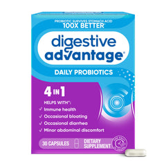 Digestive Advantage Daily Probiotic bottle on a kitchen counter suggests easy daily gut support