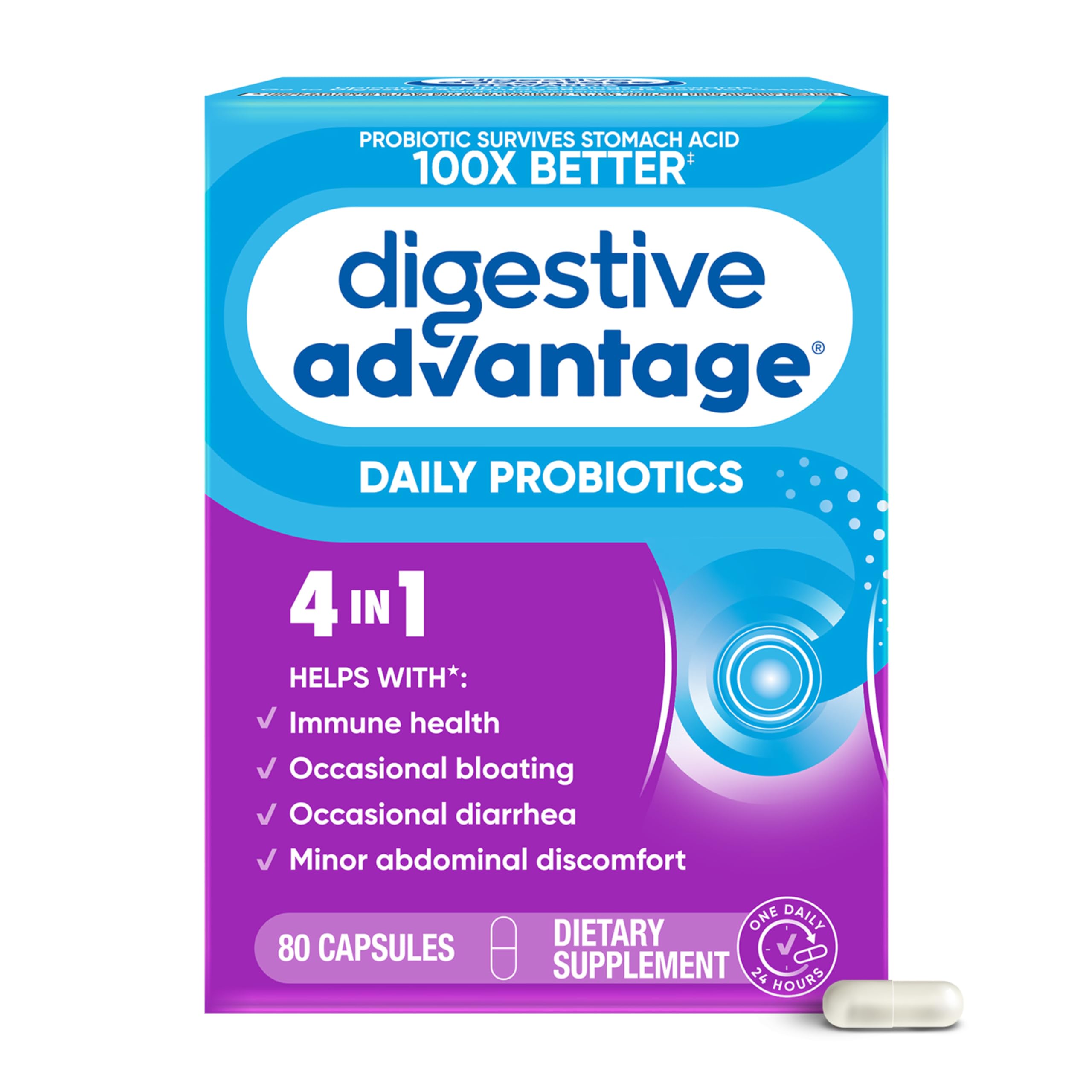 Digestive Advantage Daily Probiotics bottle highlights gut health support