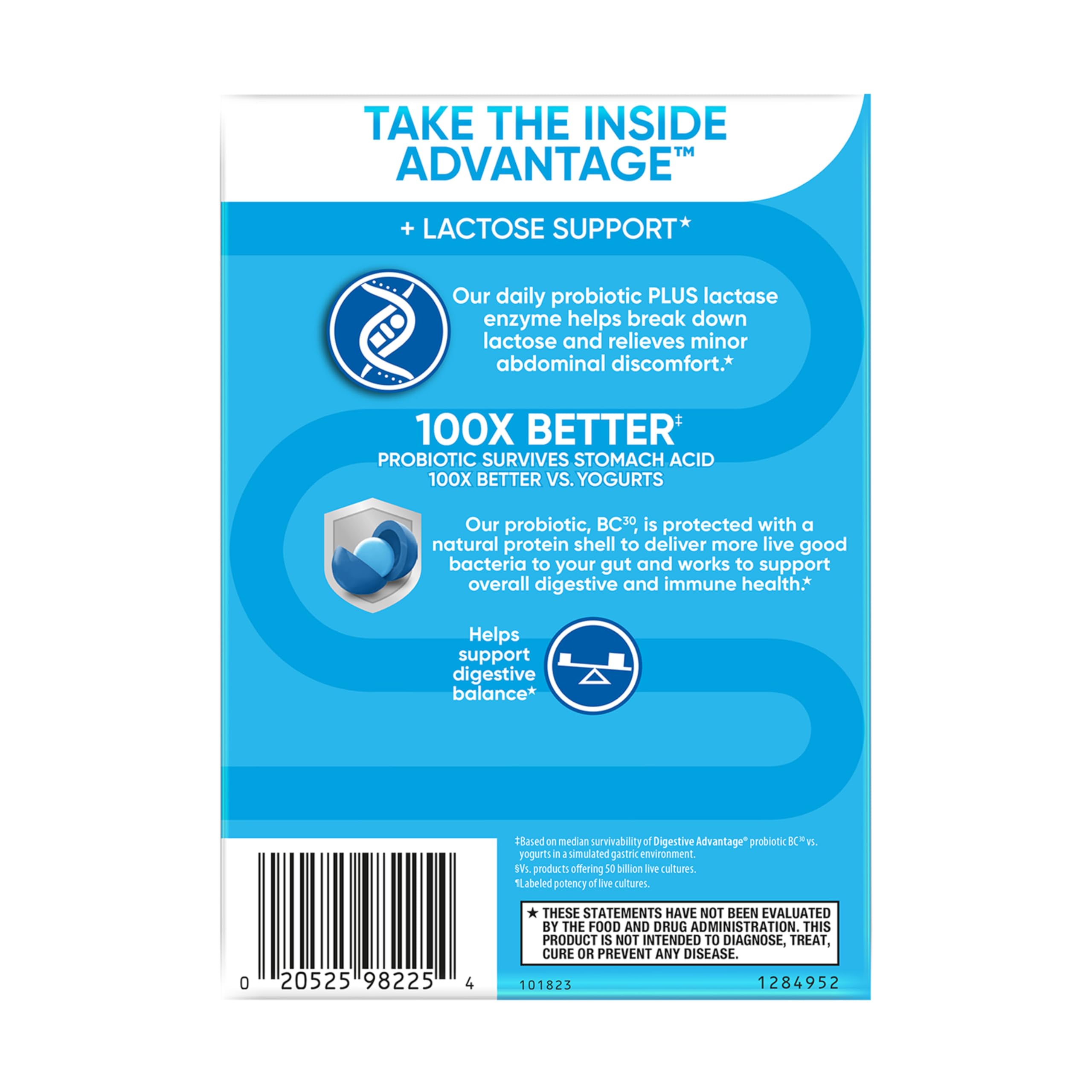 Digestive Advantage ingredients list highlights lactase enzyme and BC-30 probiotic for gut health