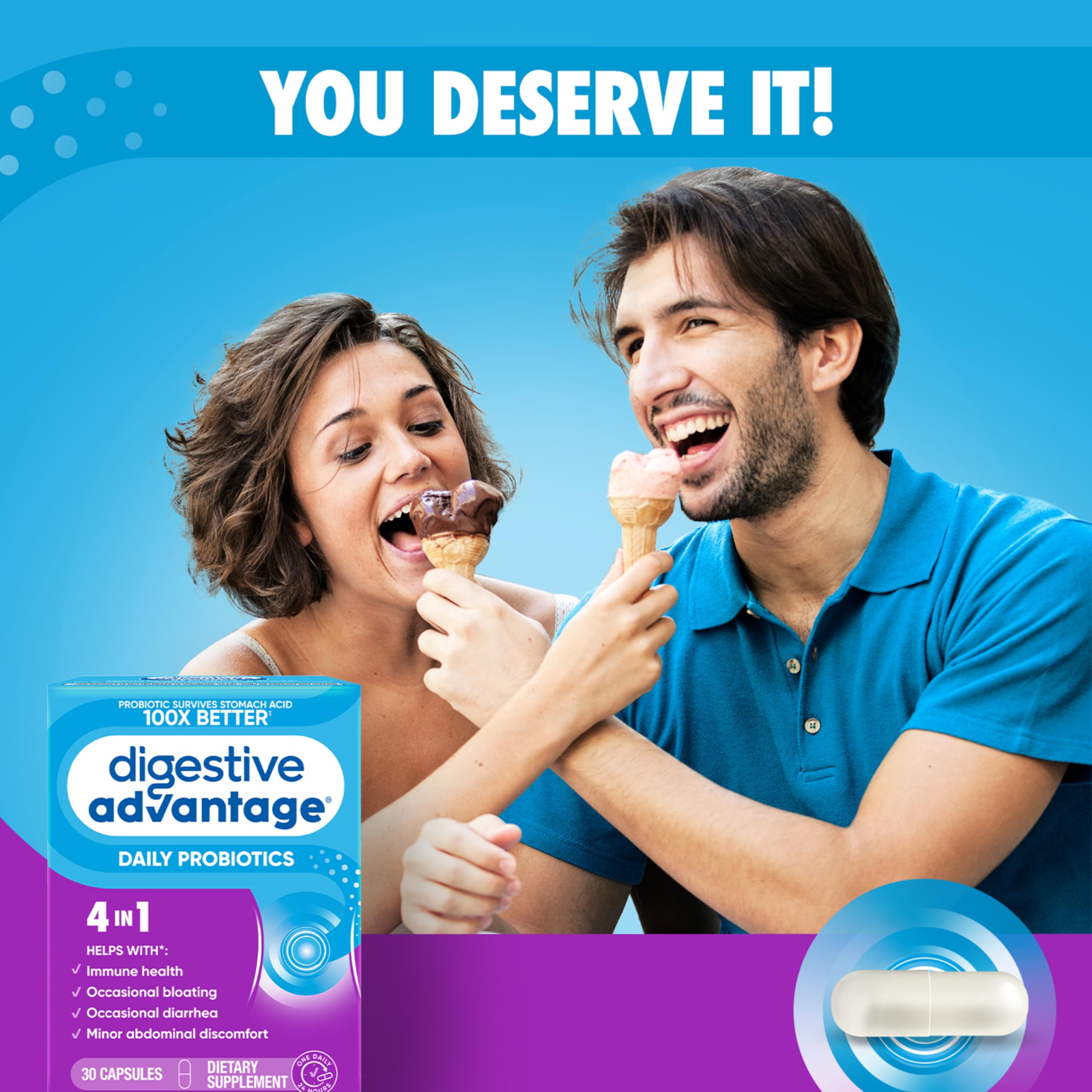 Digestive Advantage packaging box highlights 30 capsules and BC-30 probiotic technology