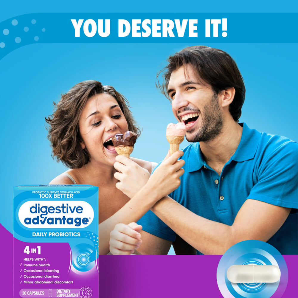 Digestive Advantage packaging box highlights 30 capsules and BC-30 probiotic technology