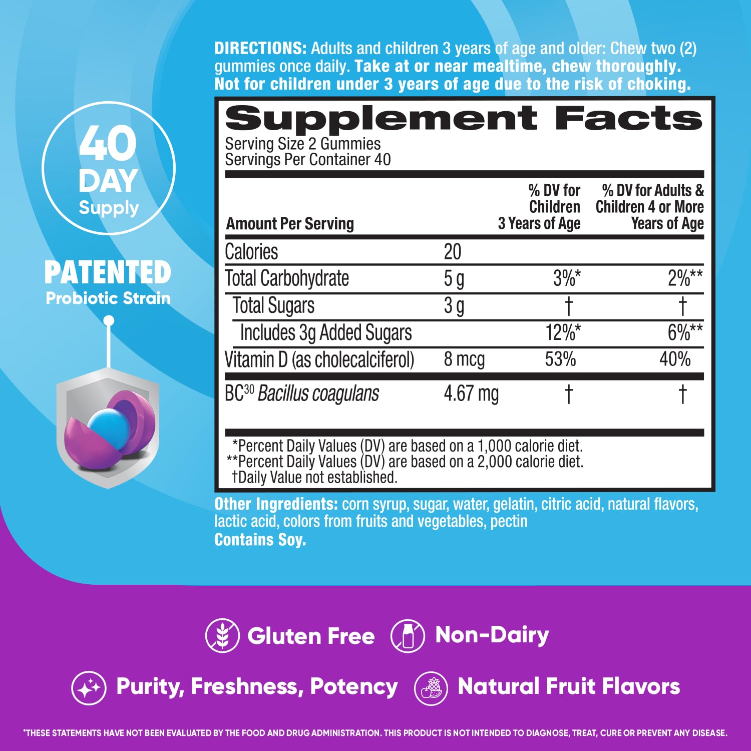 Digestive Advantage Probiotic Gummies nutrition facts label highlights probiotic benefits