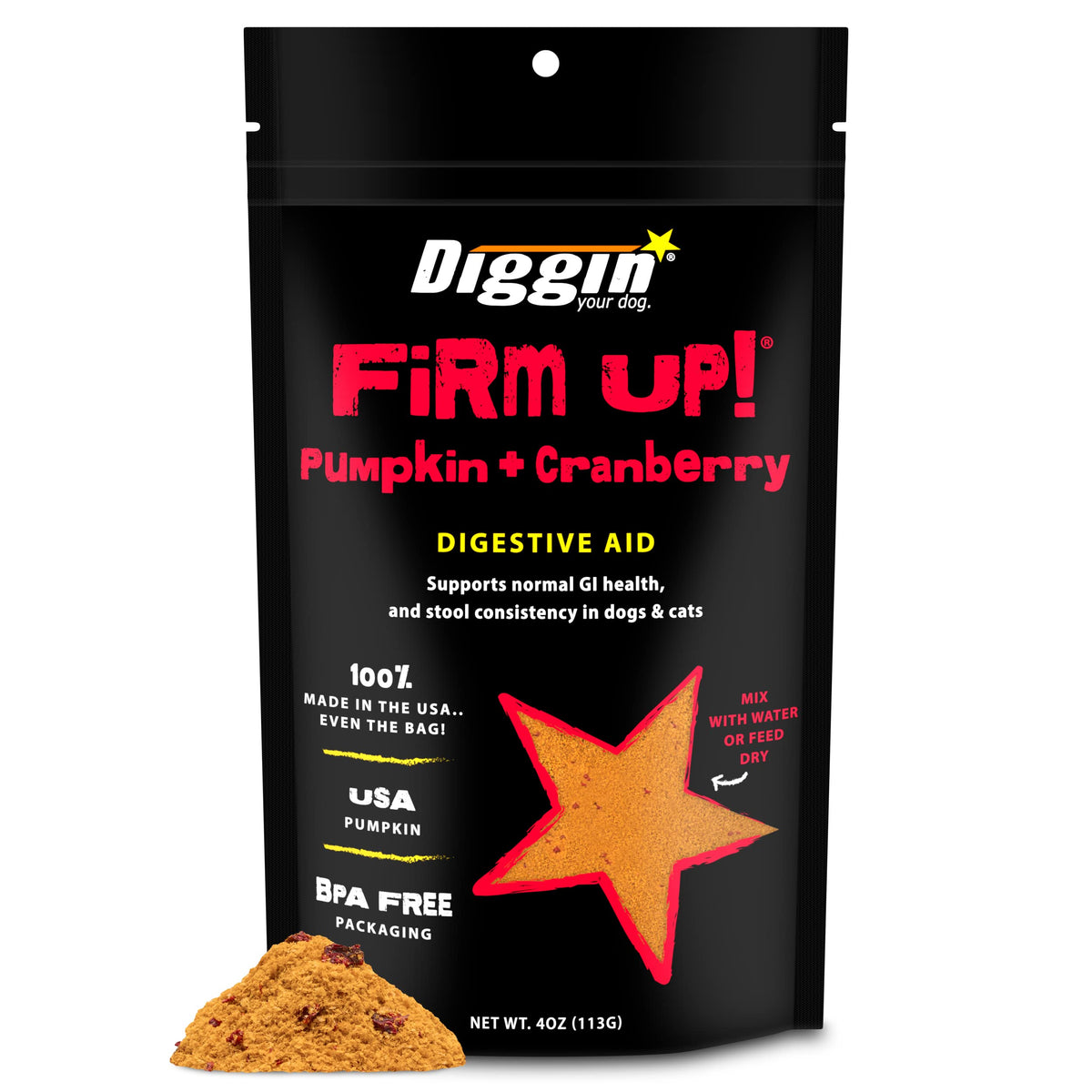 Diggin' Your Dog Firm Up pumpkin powder jar on pantry shelf for easy feeding
