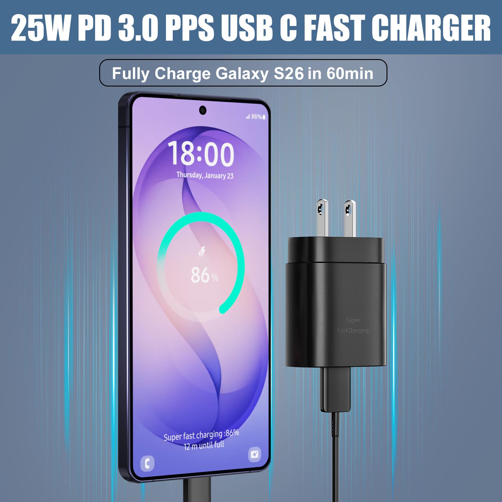 DiHines 10ft USB-C cable included for flexible charging from a distance.