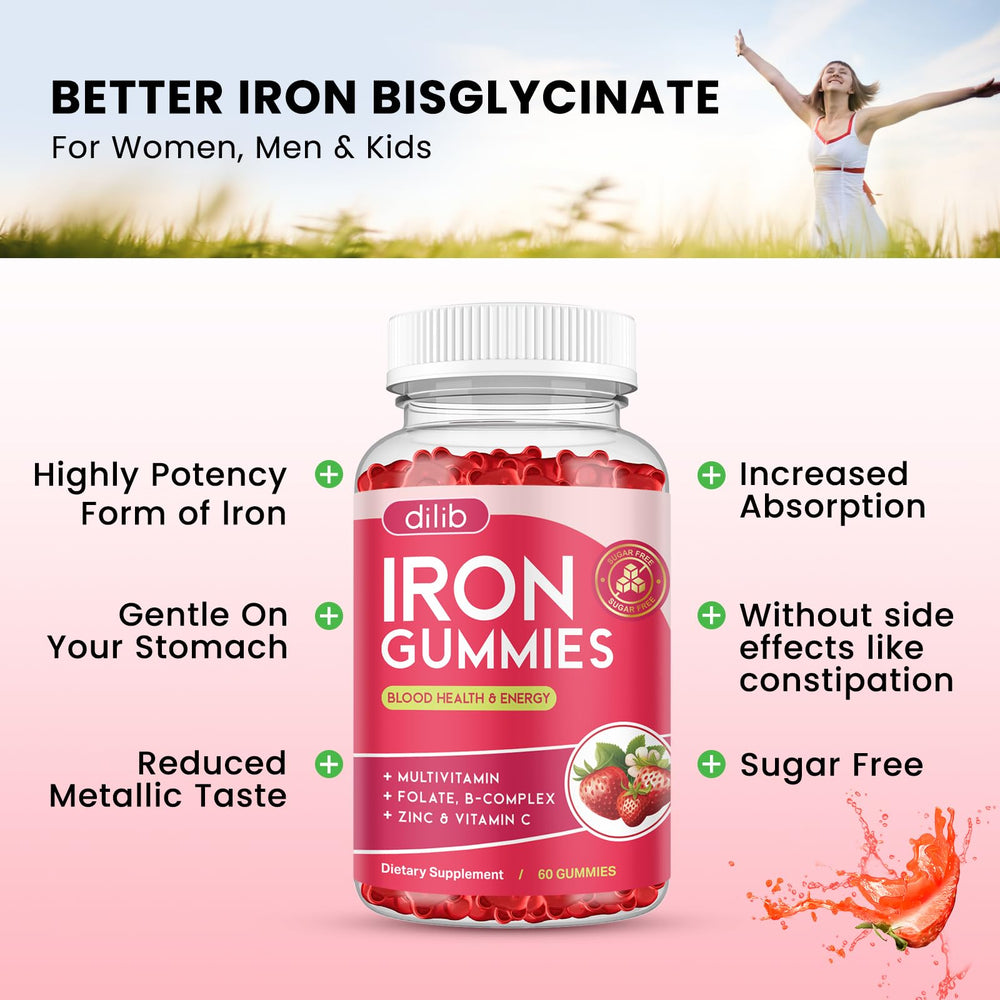 Dilib iron gummies being poured, convenient daily iron intake.