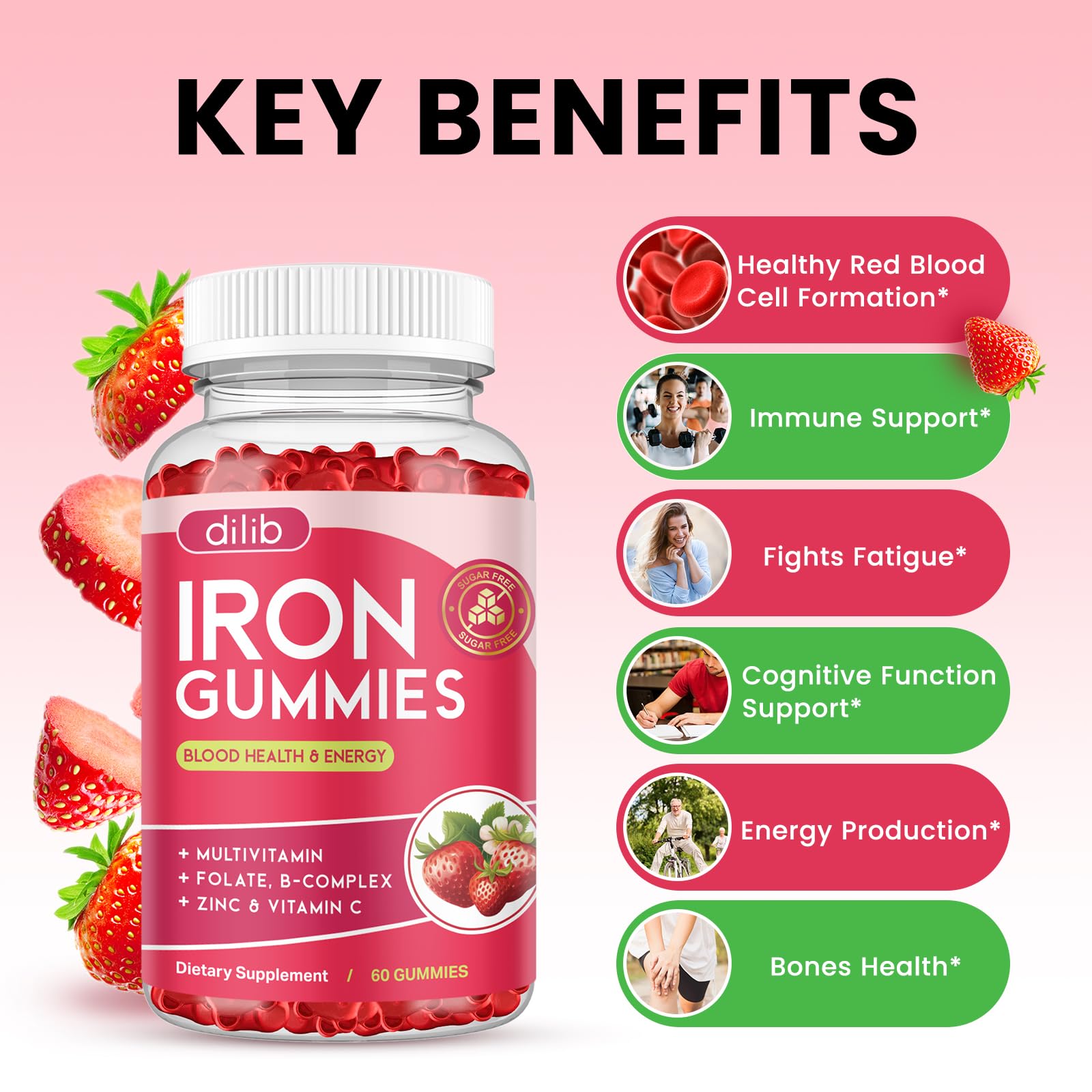 Dilib iron gummies nutrition label close-up shows complete vitamin blend.