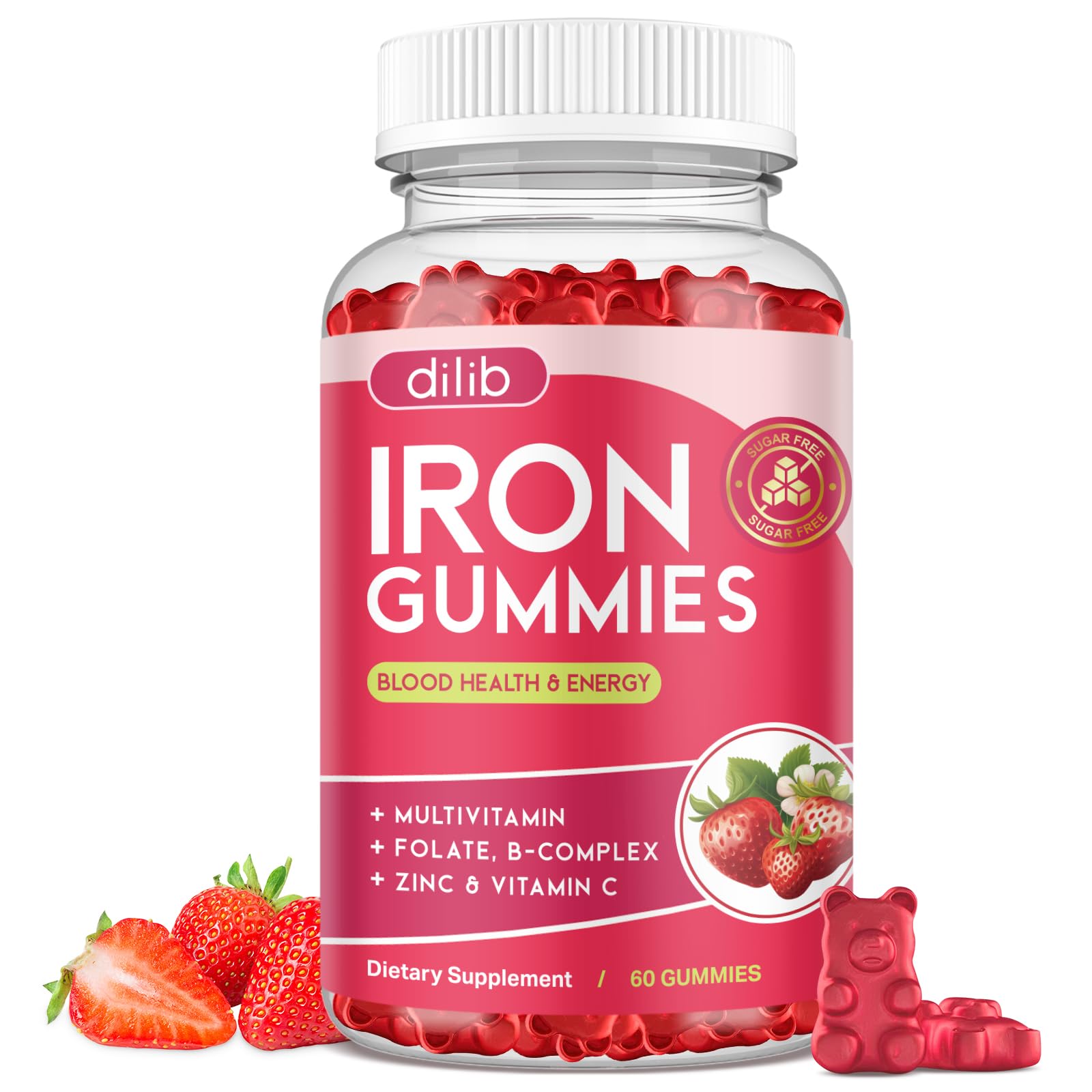 Dilib iron gummies strawberry flavor bottle close-up for daily energy support.