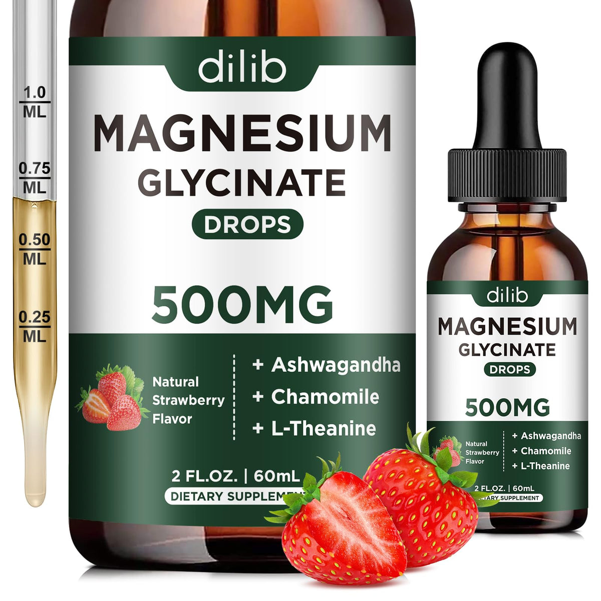Dilib magnesium glycinate liquid bottle highlighting quick absorption for calmer days.