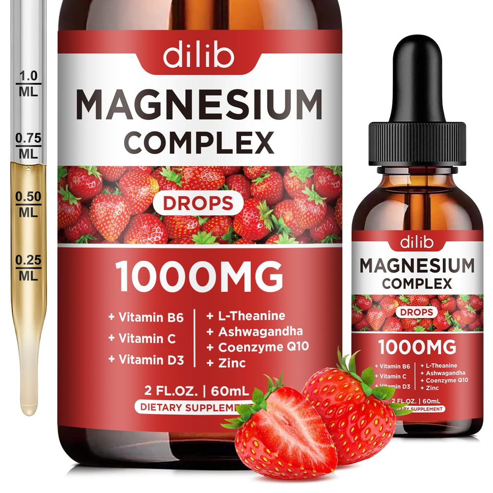 Dilib Triple Magnesium Drops bottle shown for daily relaxation and energy.