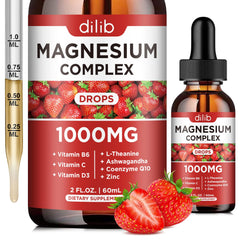 Dilib Triple Magnesium Drops bottle shown for daily relaxation and energy.