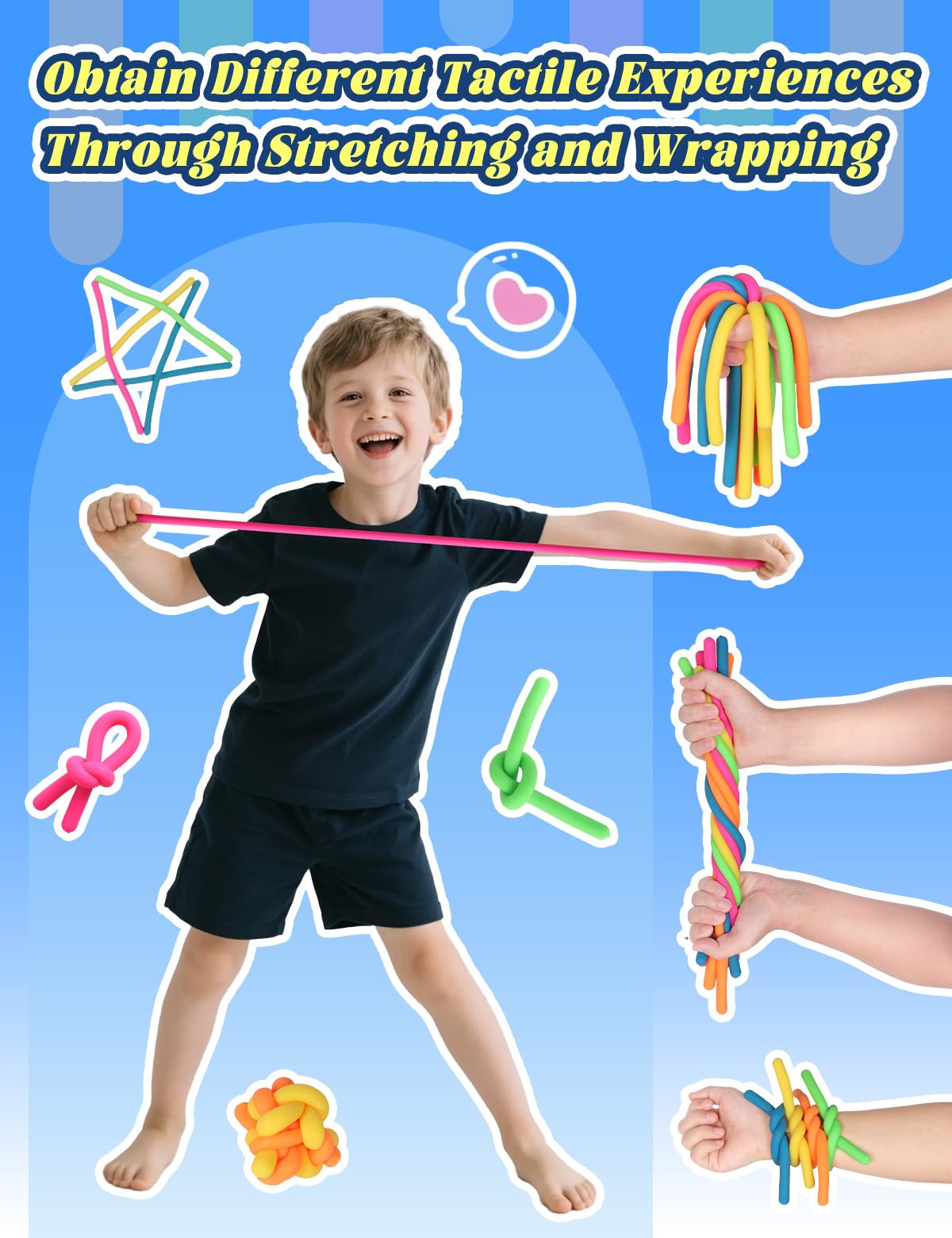 Diltik colorful stretchy monkey noodles support fine motor practice.