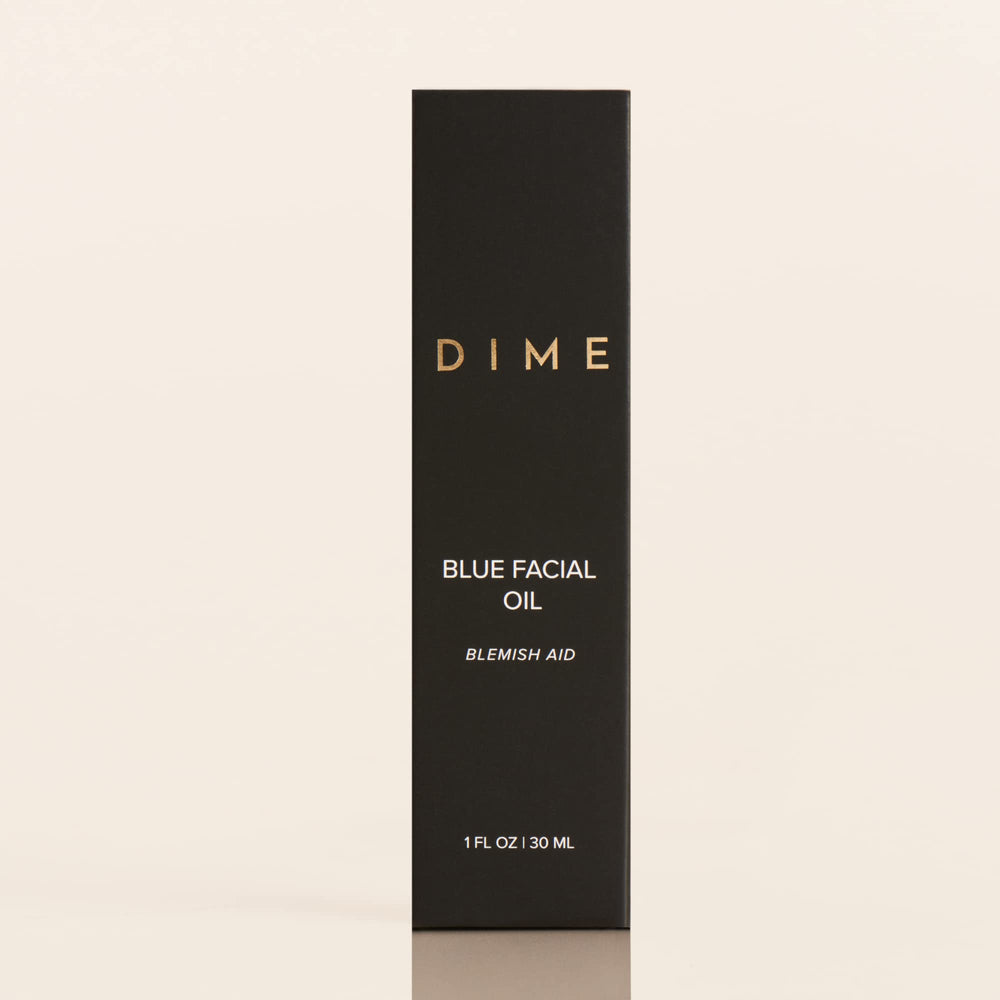 DIME Beauty Blue Facial Oil packaging emphasizes sustainable, vegan, cruelty-free branding.
