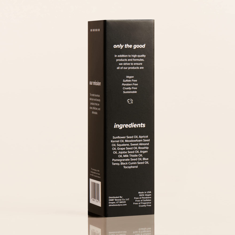DIME Beauty Blue Facial Oil ingredients panel lists clean components for daily use.