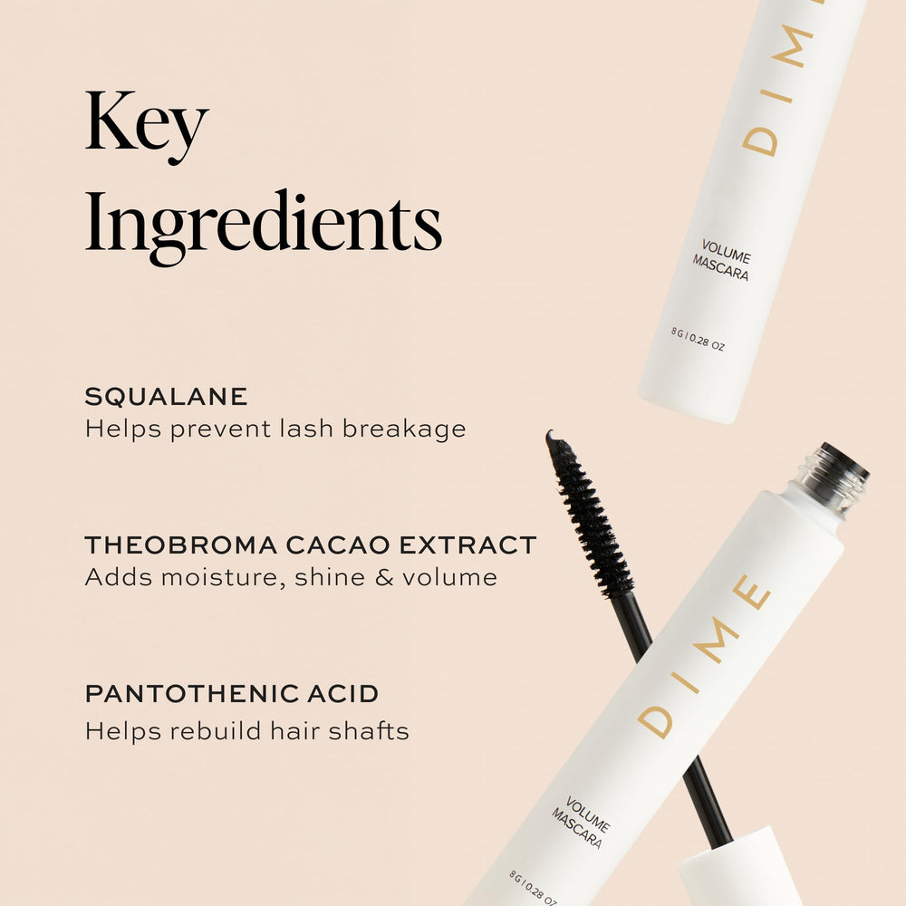 DIME Beauty cacao extract and vitamin B5 illustrated for moisture and shine.