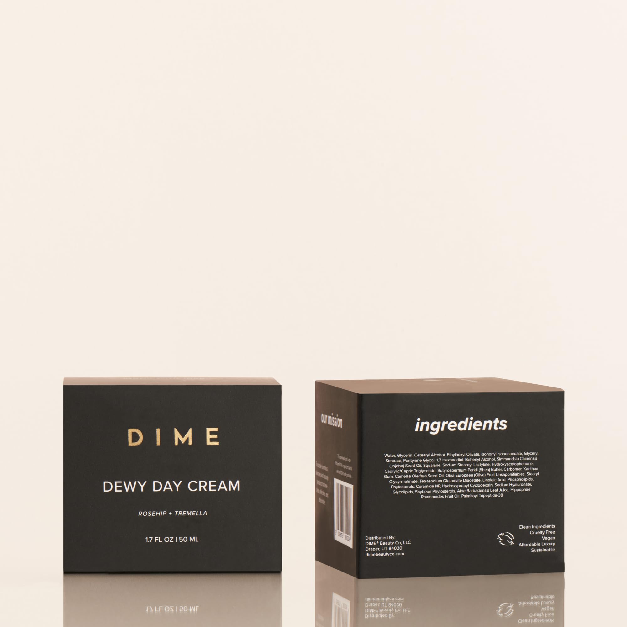 DIME Beauty Dewy Day Cream packaging emphasizing clean vegan formula.