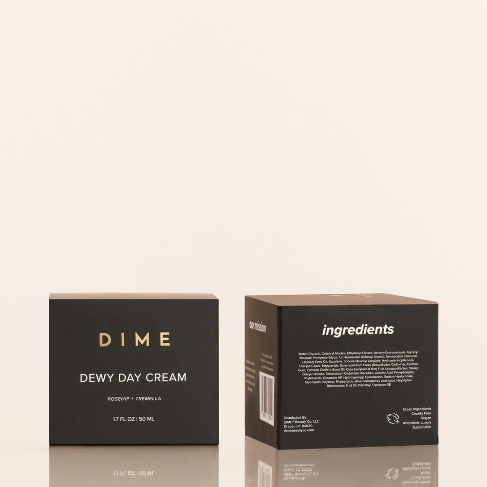 DIME Beauty Dewy Day Cream packaging emphasizing clean vegan formula.