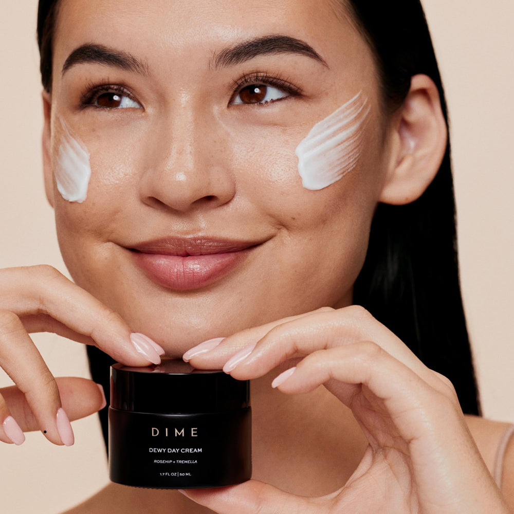 DIME Beauty Dewy Day Cream with Tremella snow mushroom benefits highlighted.