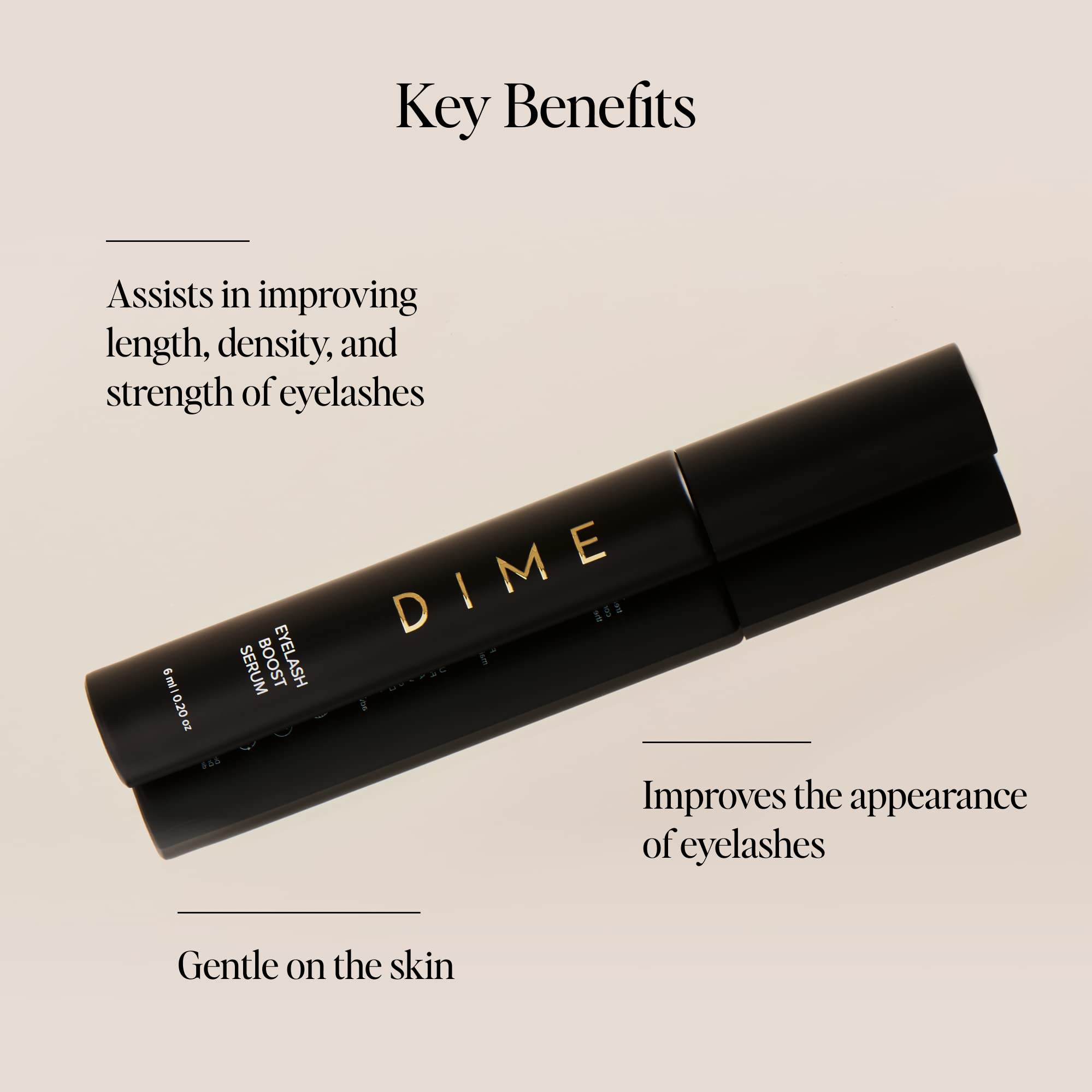 DIME Beauty Eyelash Boost Serum brush displays easy daily application for fuller lashes.
