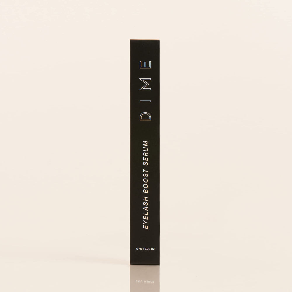 DIME Beauty Eyelash Boost Serum ingredients panel lists proteins, vitamins for nourishing care.