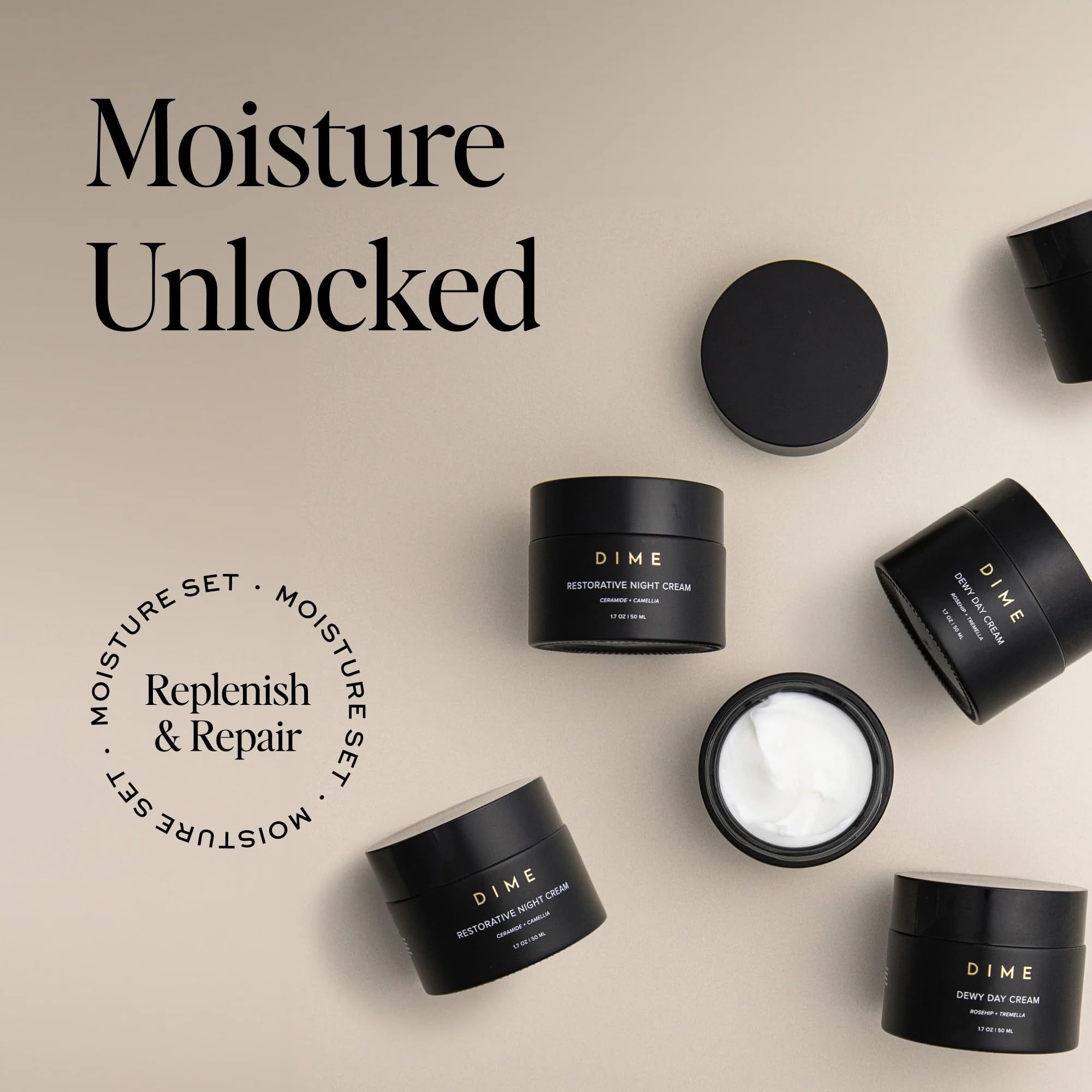 DIME Beauty Moisture Set hydration close-up reveals plump, dewy finish.
