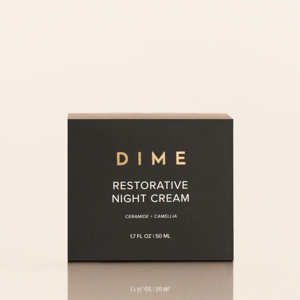 DIME night cream application scene suggests a simple, calming nightly routine
