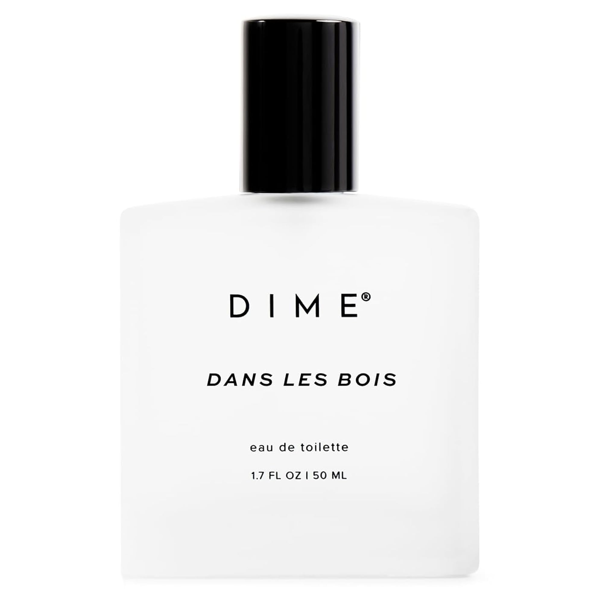DIME Dans Les Bois bottle front view, bold woody floral fragrance for everyday wear