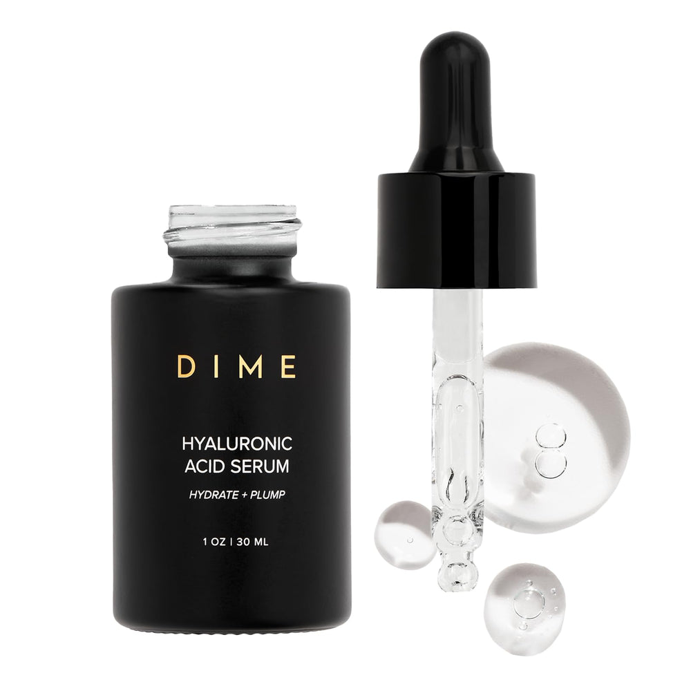 DIME Hyaluronic Acid Serum bottle close-up showing lightweight hydration for all skin types.