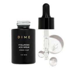DIME Hyaluronic Acid Serum bottle close-up showing lightweight hydration for all skin types.