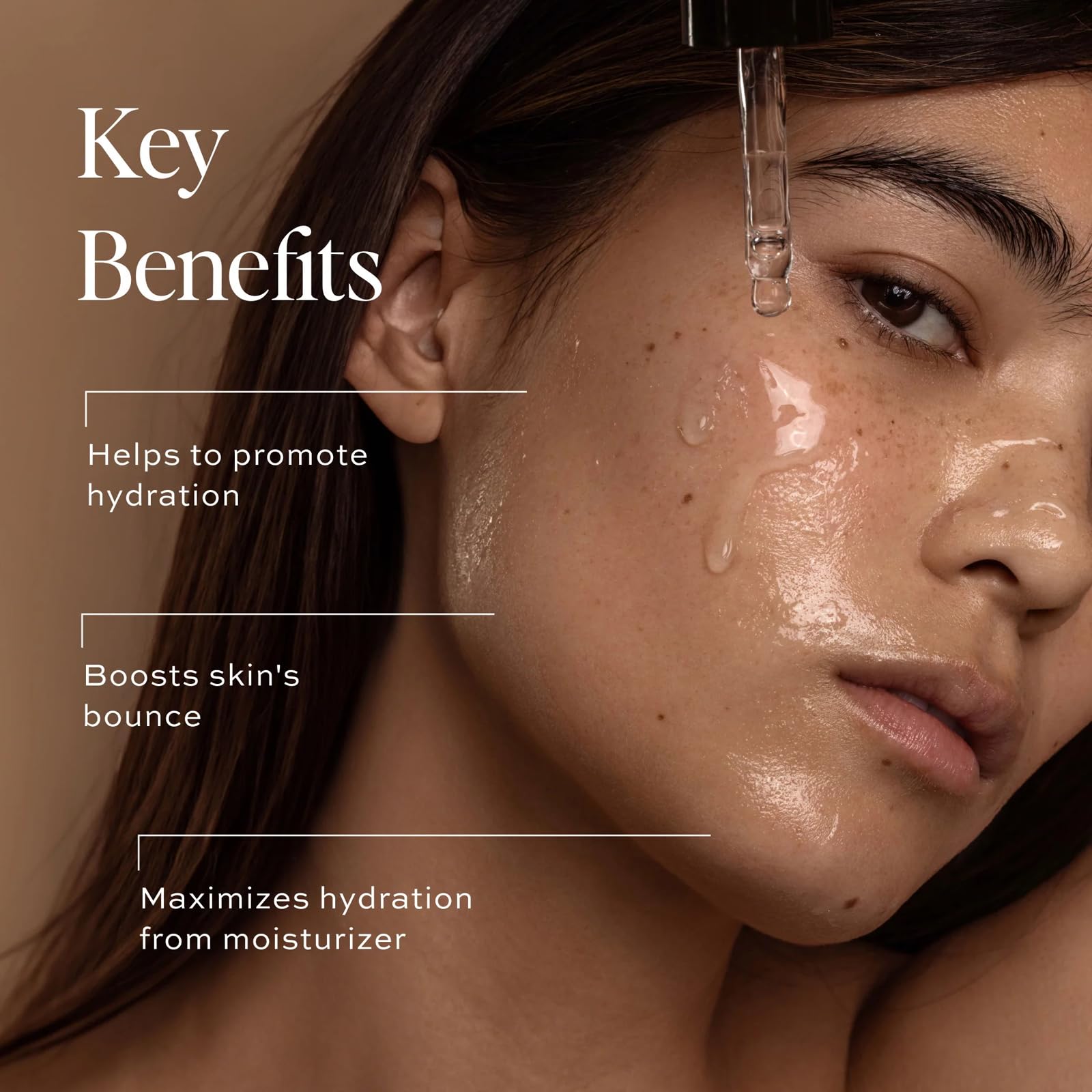 DIME Hyaluronic Serum droplets applying to skin for dewy glow and quick absorption.