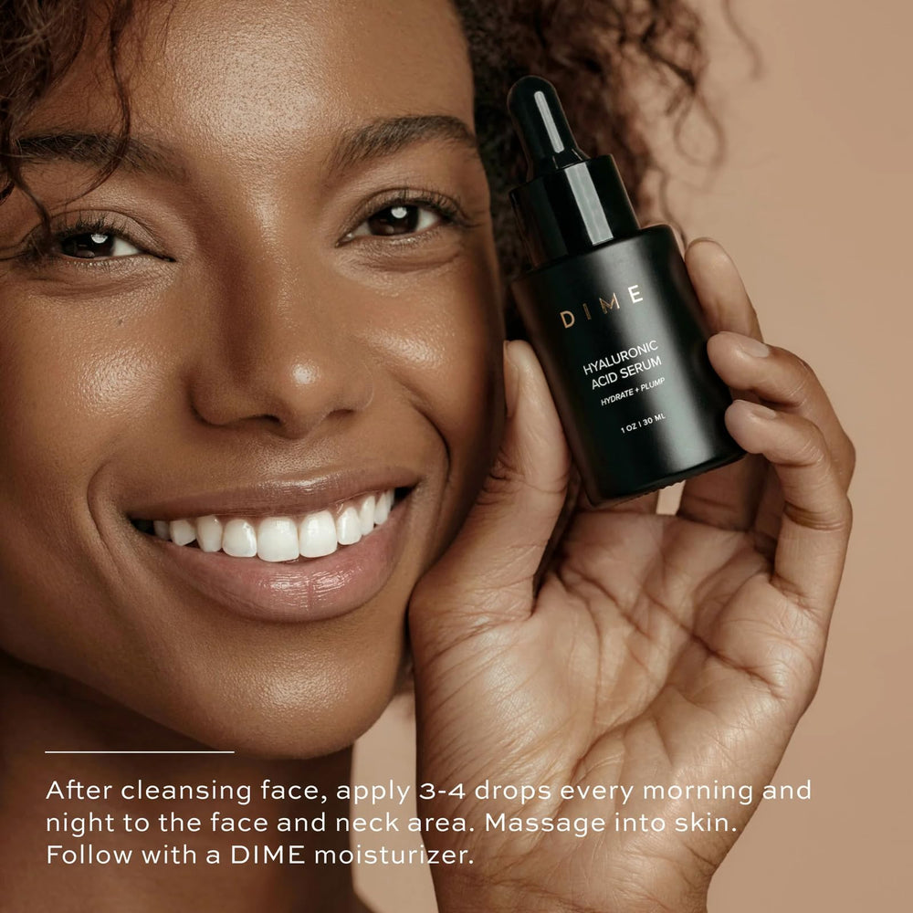 DIME Hyaluronic Serum applied to face and neck for hydration during routine.