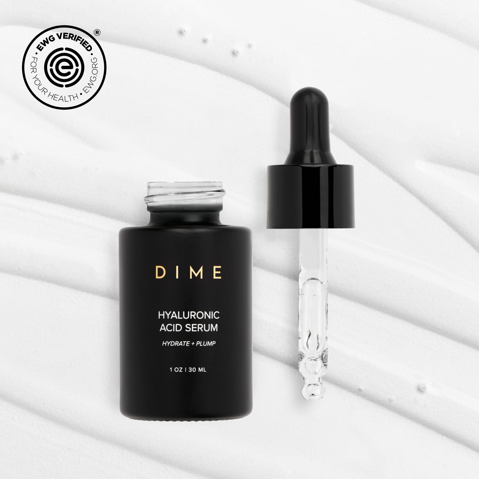 DIME Hyaluronic Acid Serum texture swatch illustrating silky, fast-absorbing hydration.