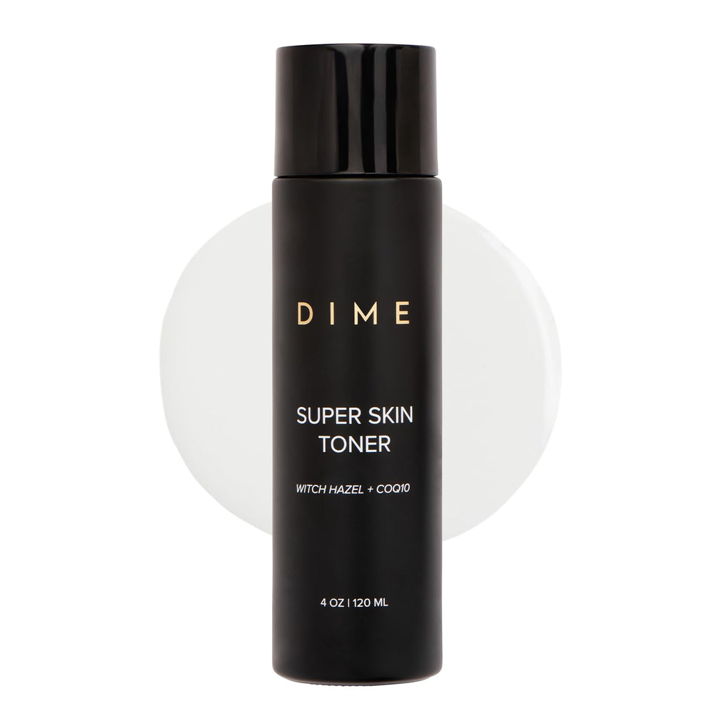 DIME Super Skin Toner bottle on a vanity showing alcohol-free hydration for daily care