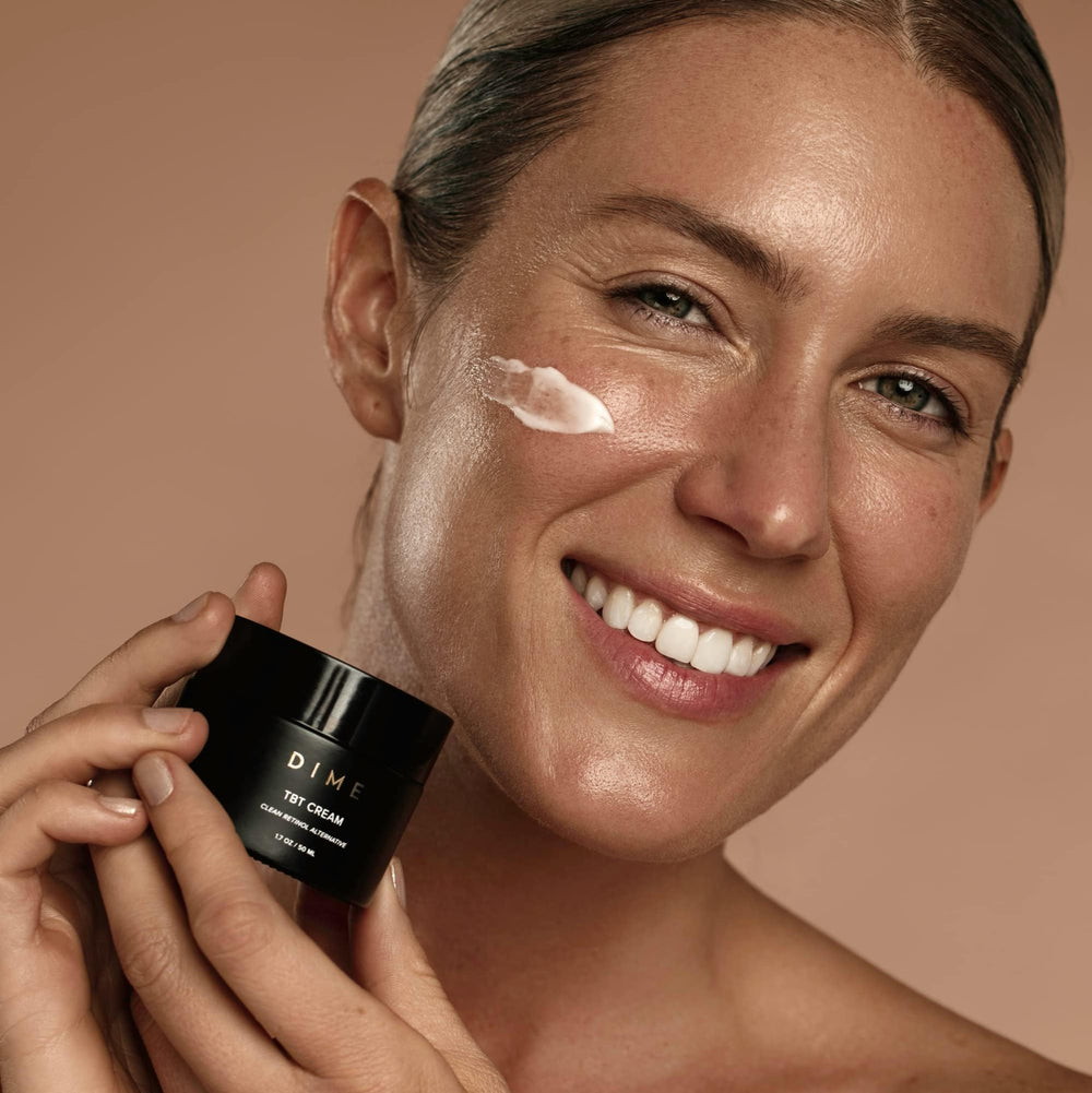 DIME TBT Cream being patted onto skin as part of evening care.