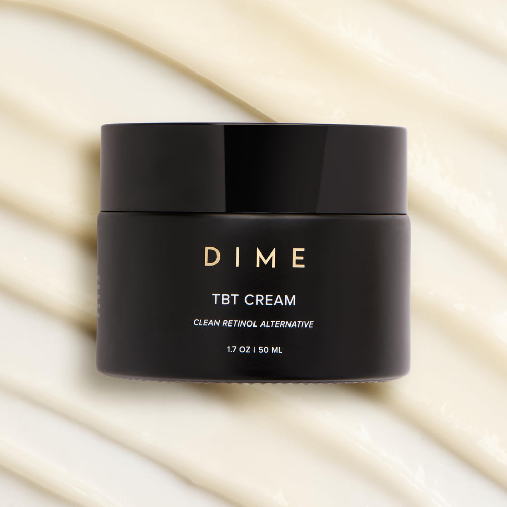 DIME TBT Cream shown in a nighttime skincare routine setup.
