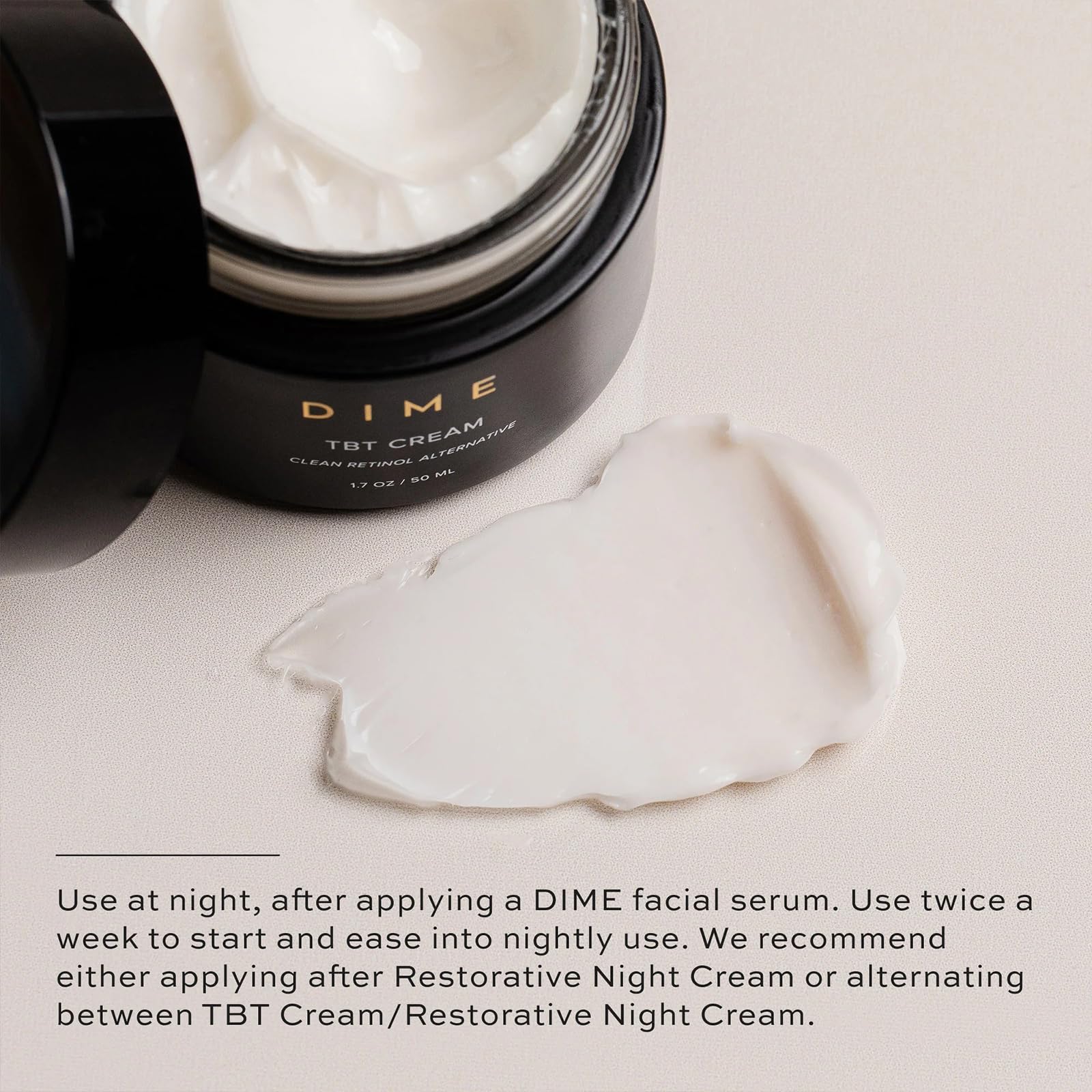 DIME TBT Cream packaging with pump top for easy nightly use.
